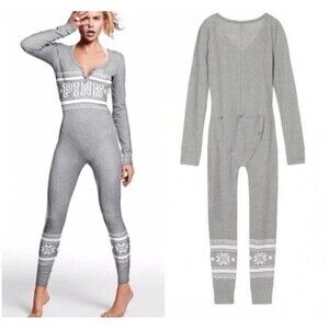 Pink Victoria’s Secret Thermal One Piece Pajamas Fair Isle Butt Flap Sz Small